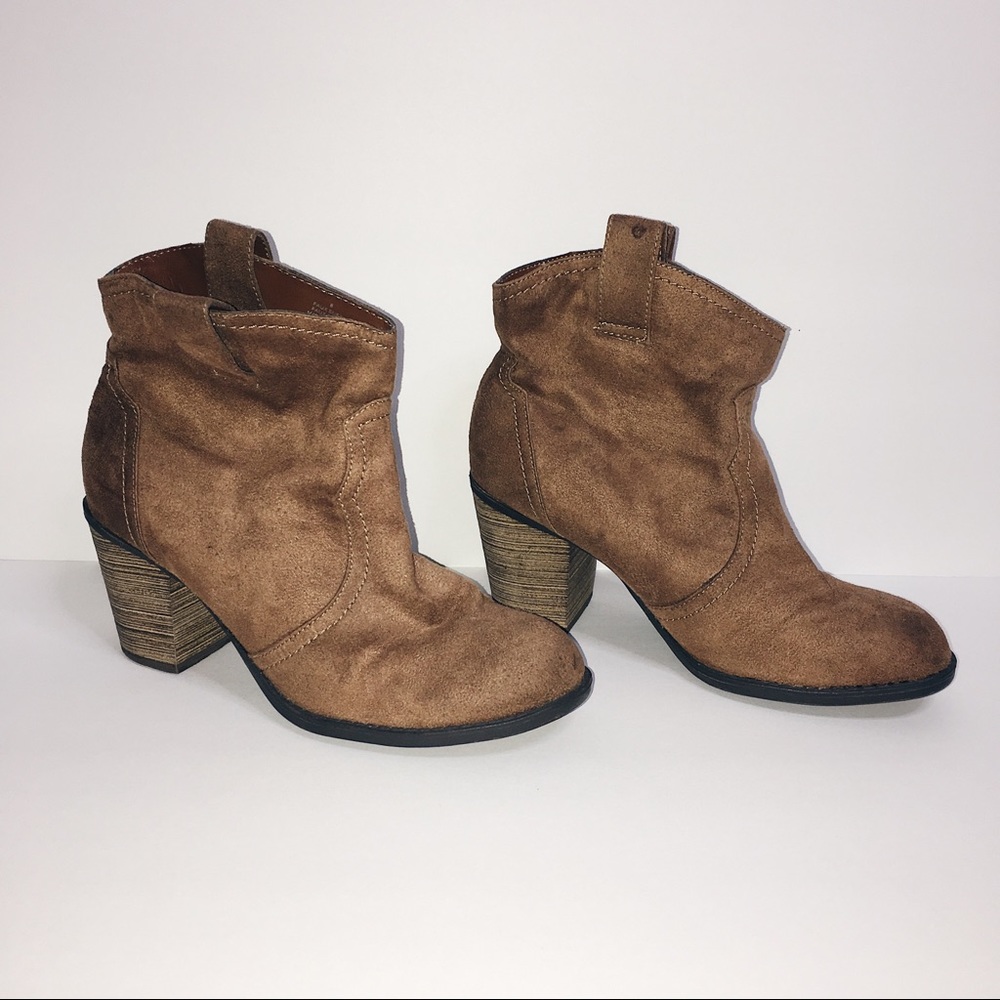 Brown faux suede ankle heeled boots